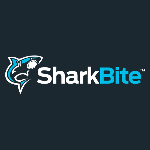 SharkBite logo with stylized shark icon and white and blue text on a dark background