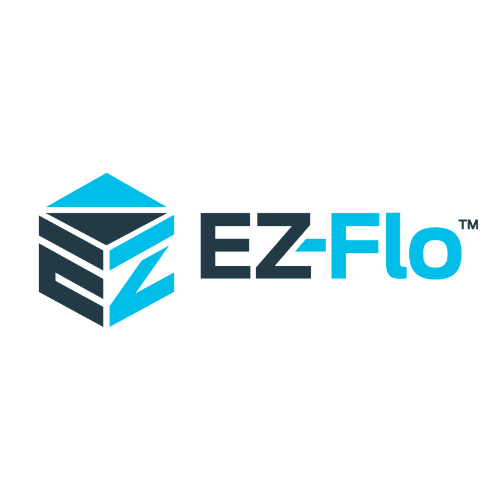 EZ-Flo logo with blue and dark gray geometric icon and wordmark on white background