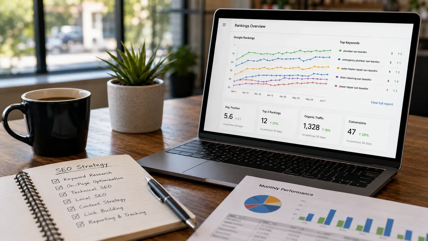 Laptop displaying SEO rankings and performance metrics beside an SEO strategy checklist.