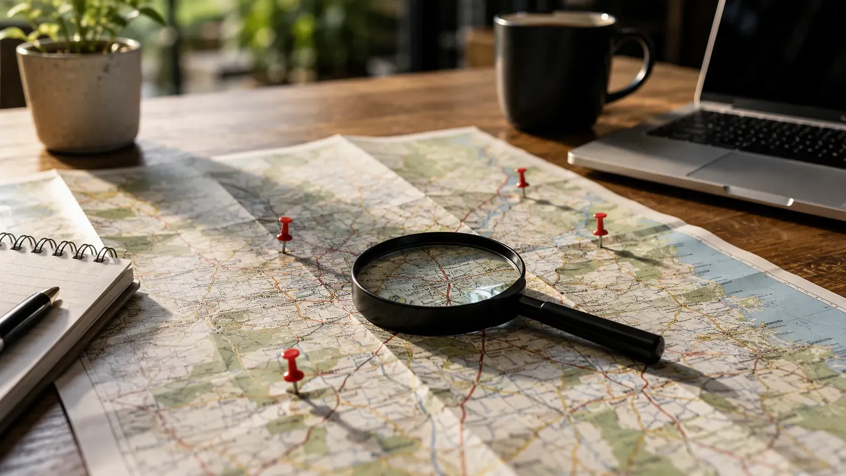 Map with location pins and magnifying glass beside a laptop on a desk.