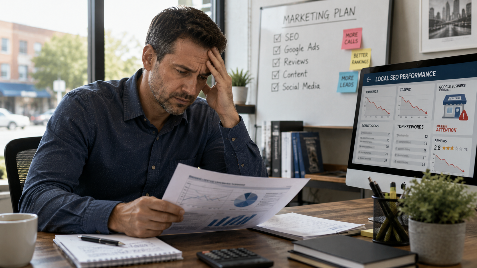 Worried business owner reviews declining local SEO performance, rankings, traffic, and customer