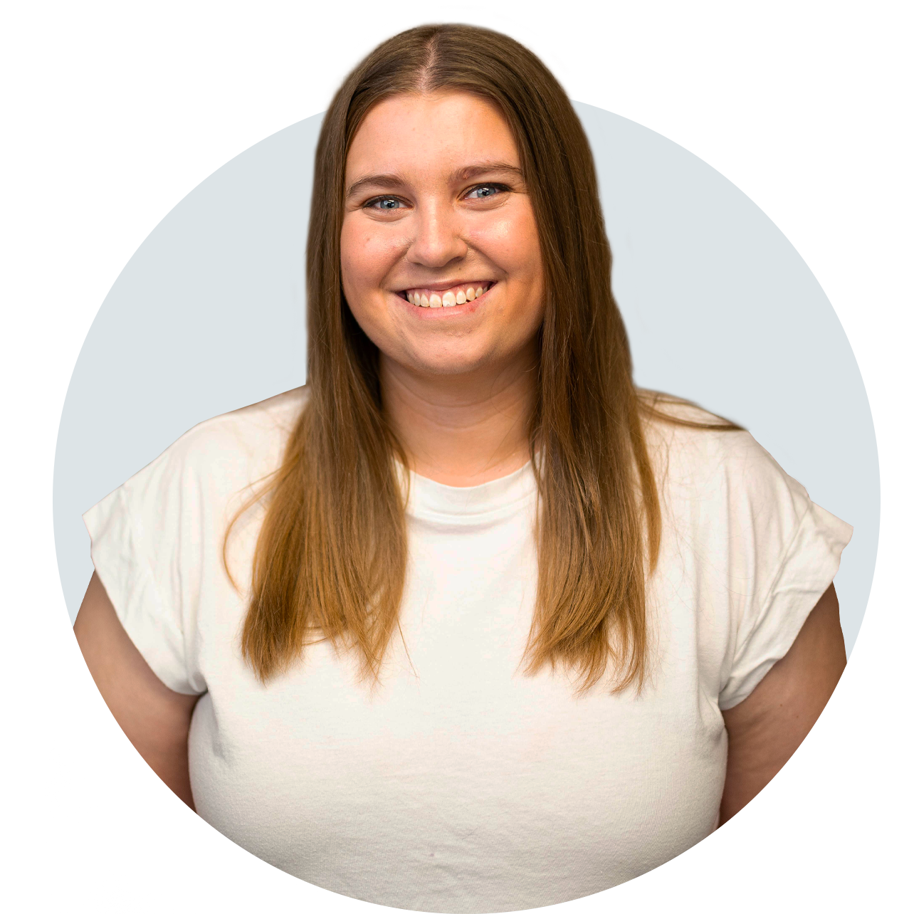 A woman in a white shirt is smiling in a circle.