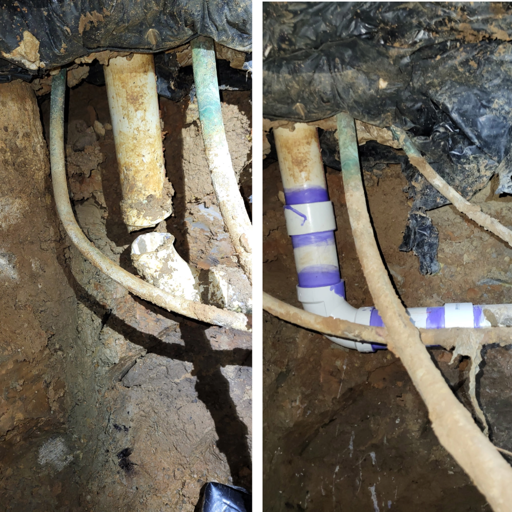 Hands using pliers to repair a leaking pipe under a sink, with water spraying out