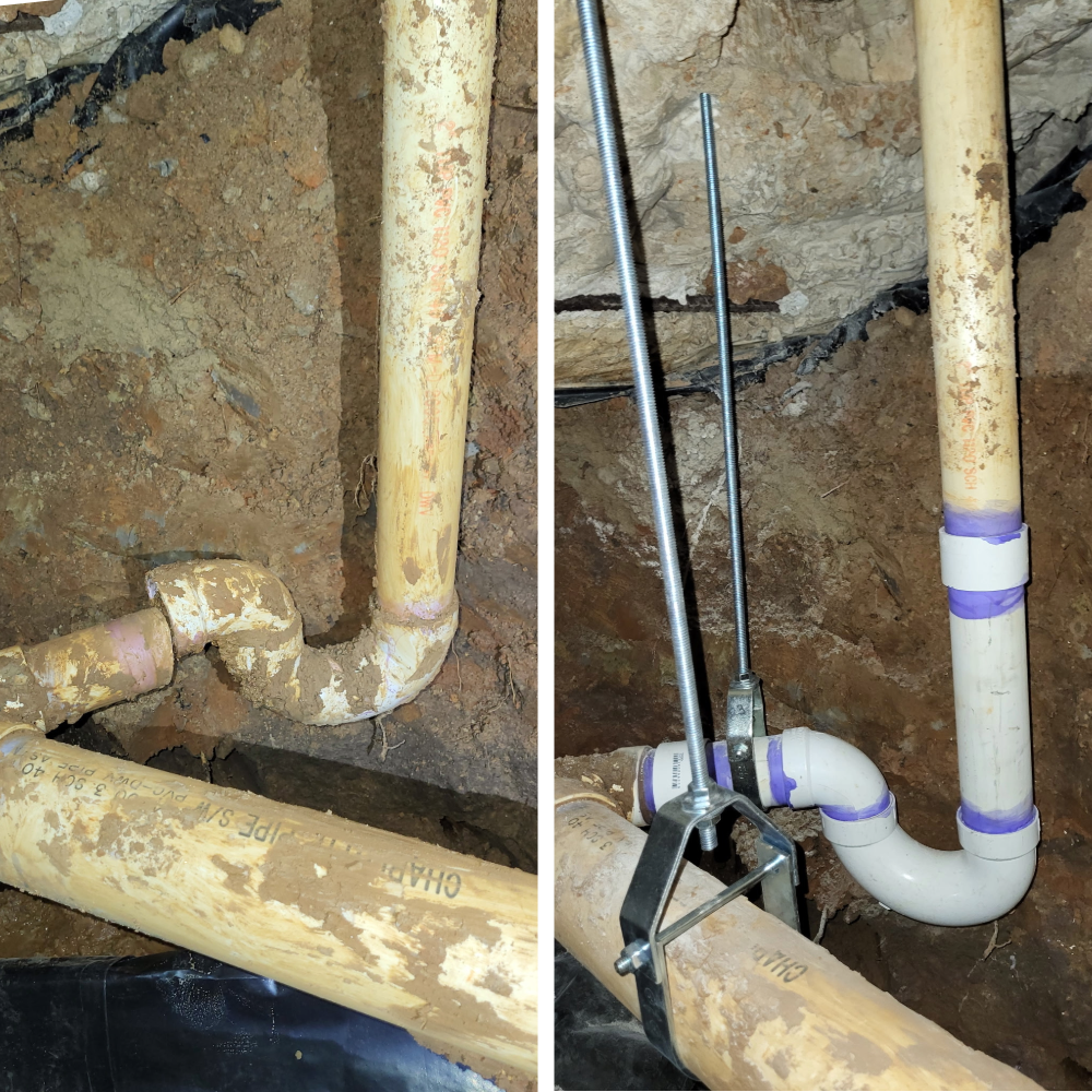 Gloved plumber tightening a pipe under a sink with an orange wrench.
