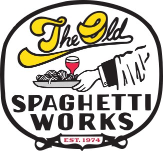 Logo for The Old Spaghetti Works: hand holding a plate of spaghetti and a wine glass, black and yellow text.