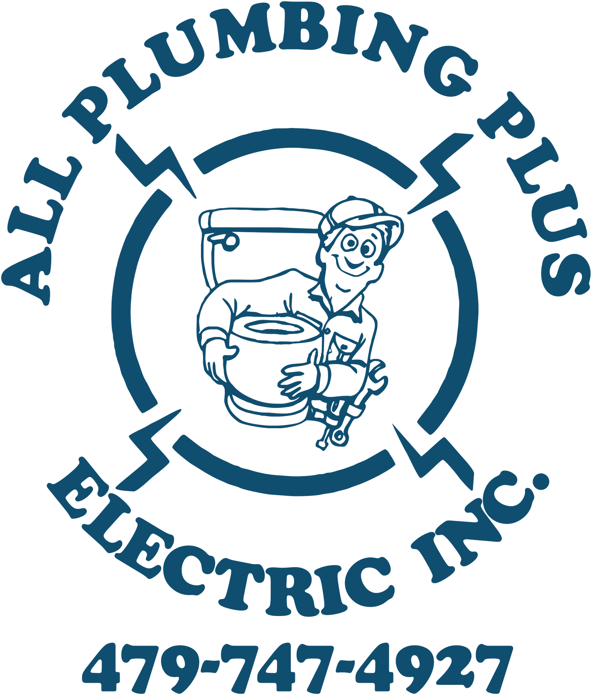 All Plumbing Plus Electric Inc. logo with cartoon plumber and phone number 479-747-4927