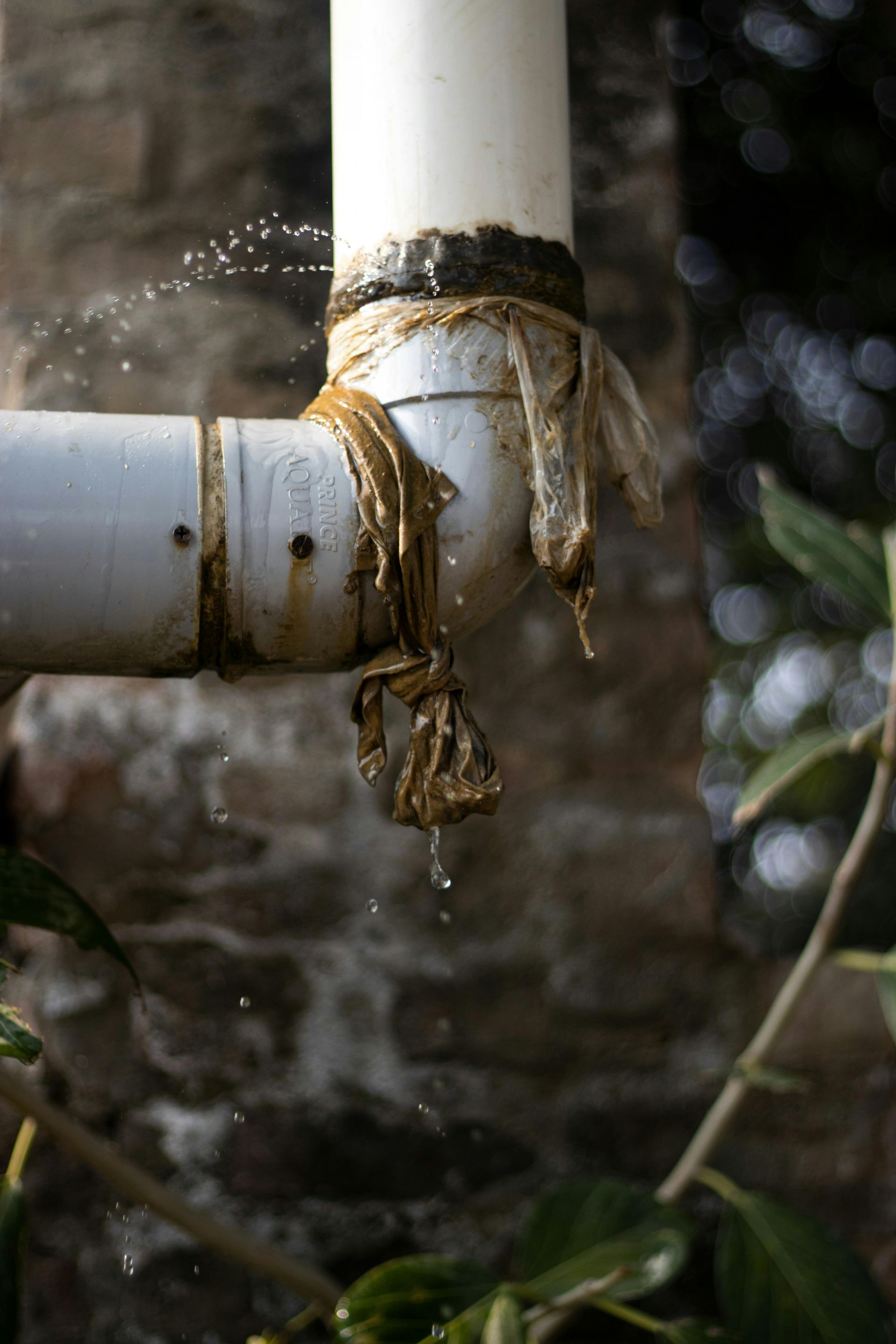 Leaky white PVC pipe joint with water spraying out outdoors