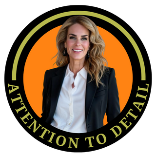 Woman in blazer, smiling, within a circle. Orange background, black and gold border. Text: