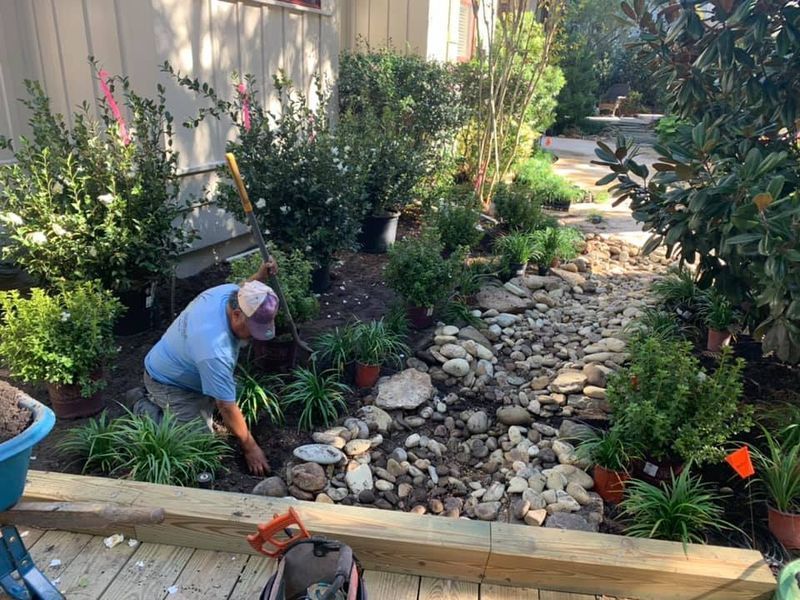 Man planting near a rock garden.