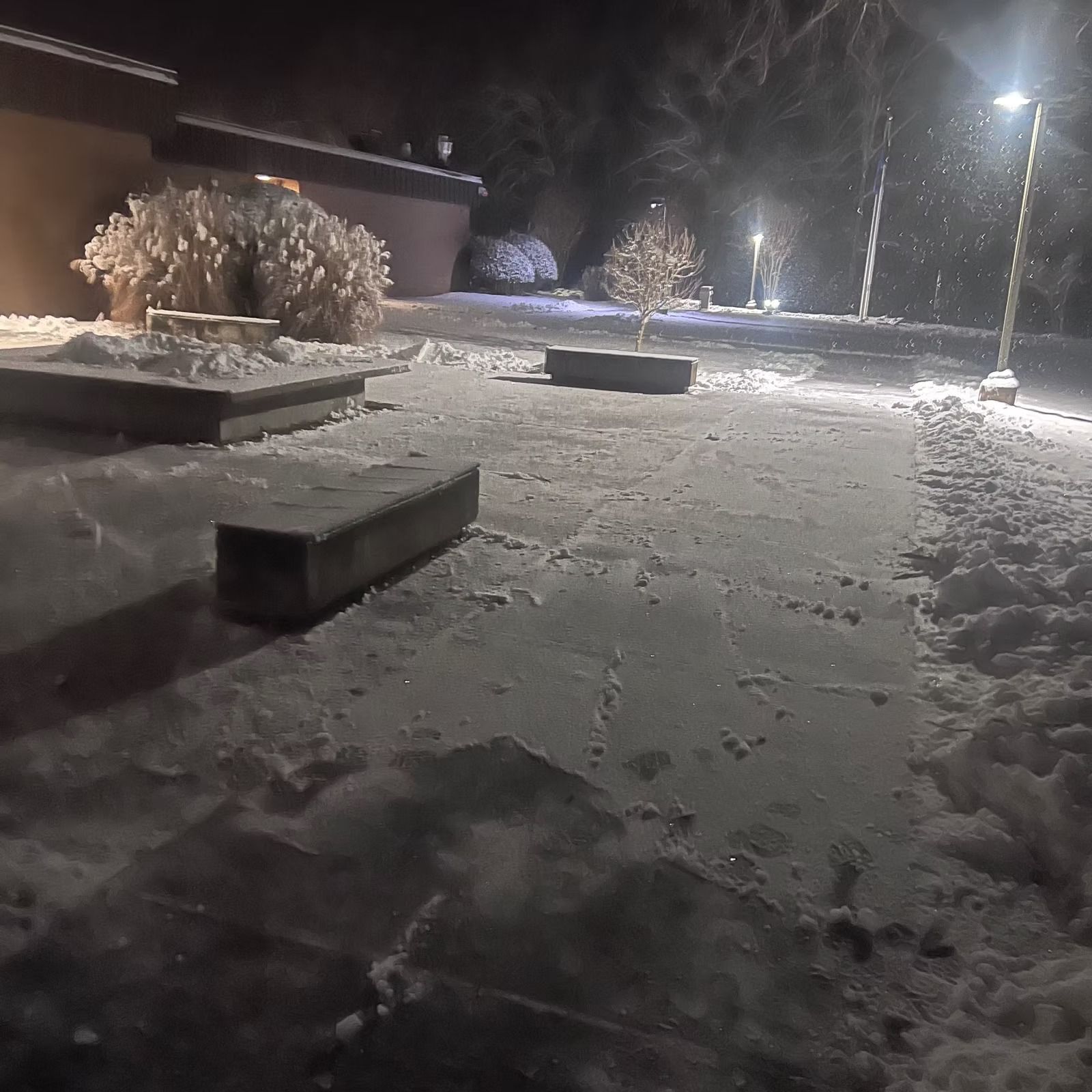 Snow-covered walkway at night with benches, bushes, and streetlights near a building