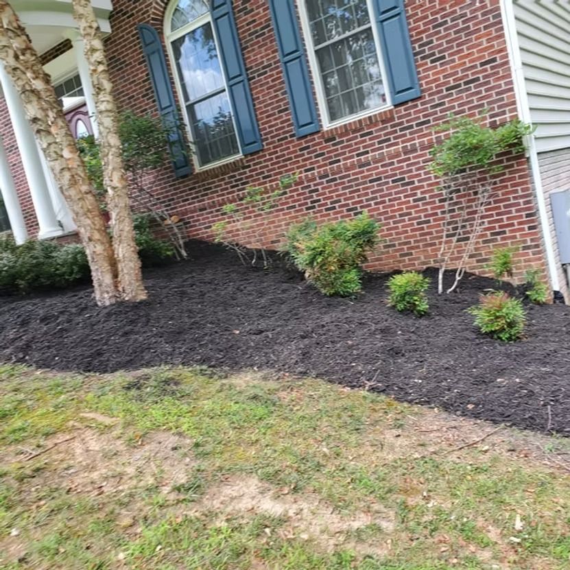 Brick house exterior with blue shutters, mulch beds, and a front lawn with trees and shrubs