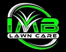 IMB Lawn Care logo in green, white, and black with stylized grass and swooshing arcs