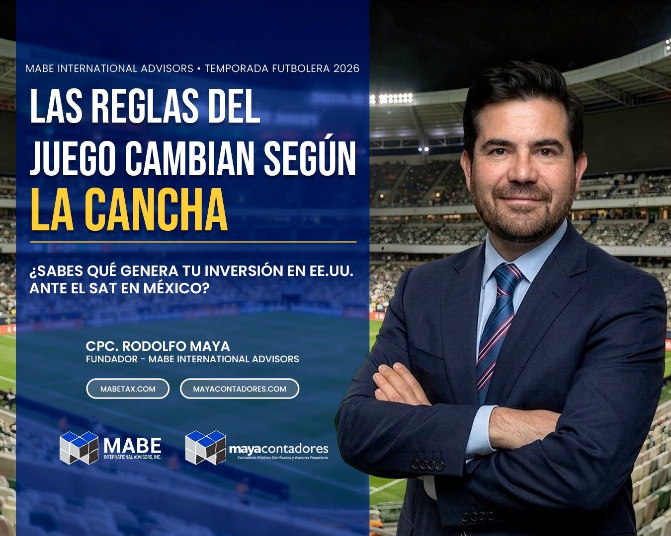 Cartel azul de conferencia sobre reglas del juego cambian según la cancha, con un hombre de traje cruzado.