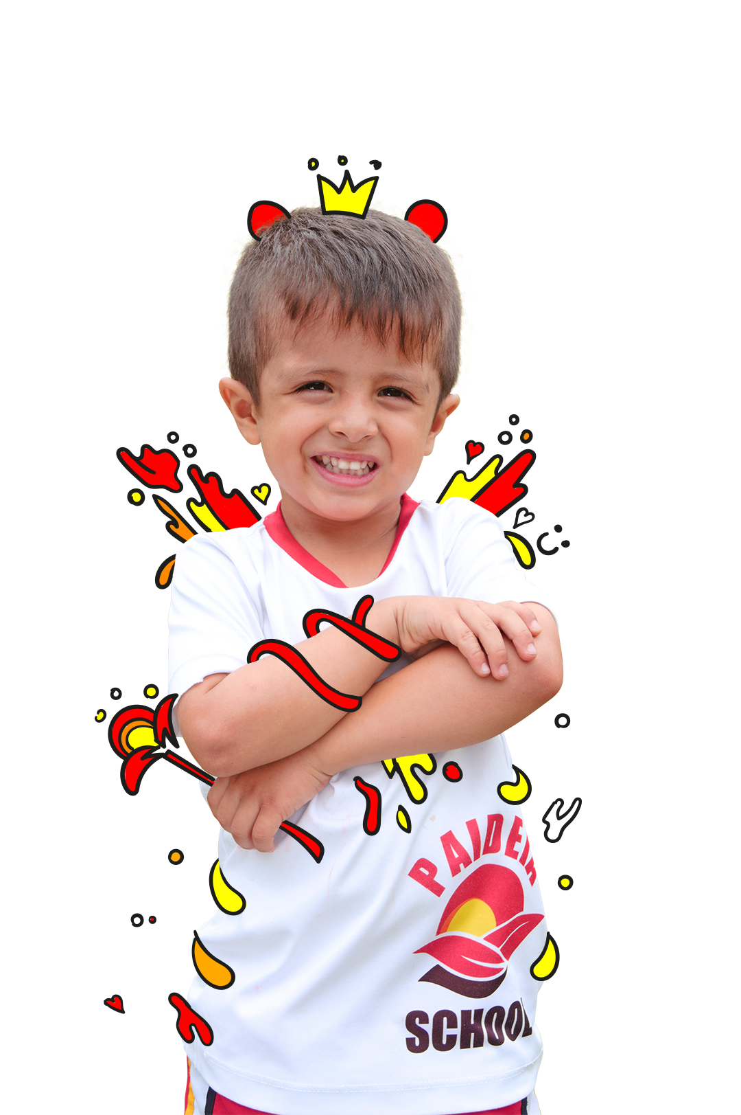 Un niño con una camisa blanca con la palabra escuela escrita