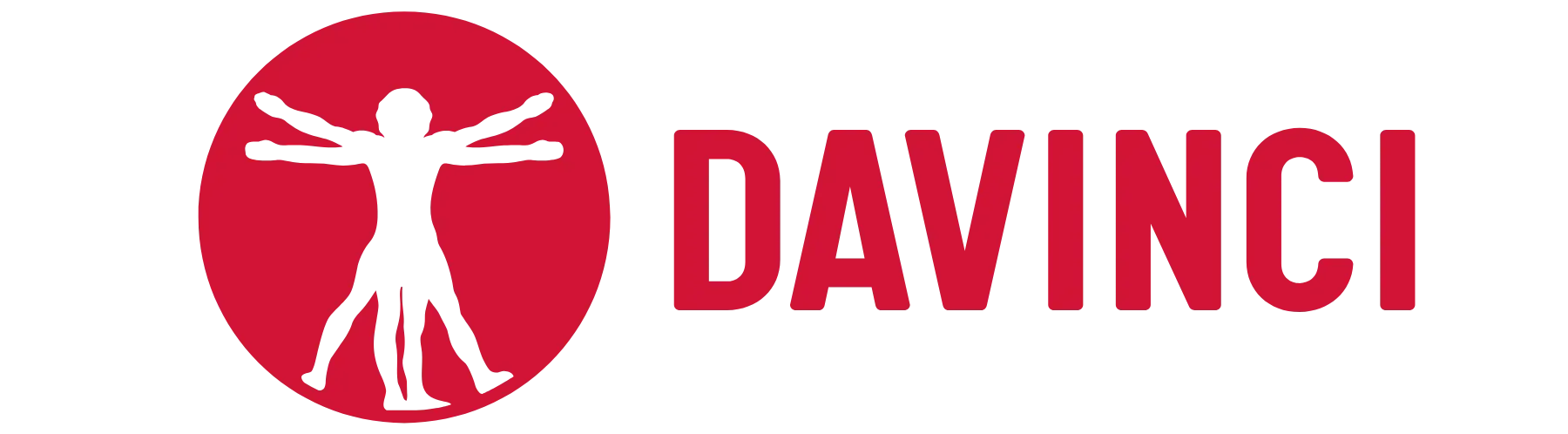 Red DAVINCI logo with a white Vitruvian Man icon inside a circle