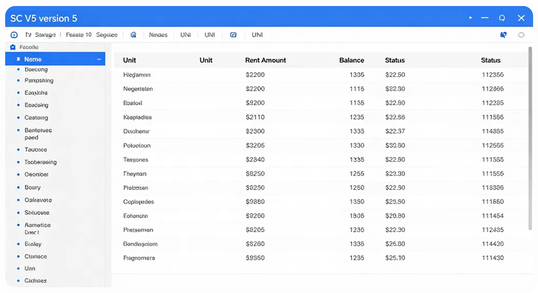 Spreadsheet app with a left file tree and a main table of rows and columns.