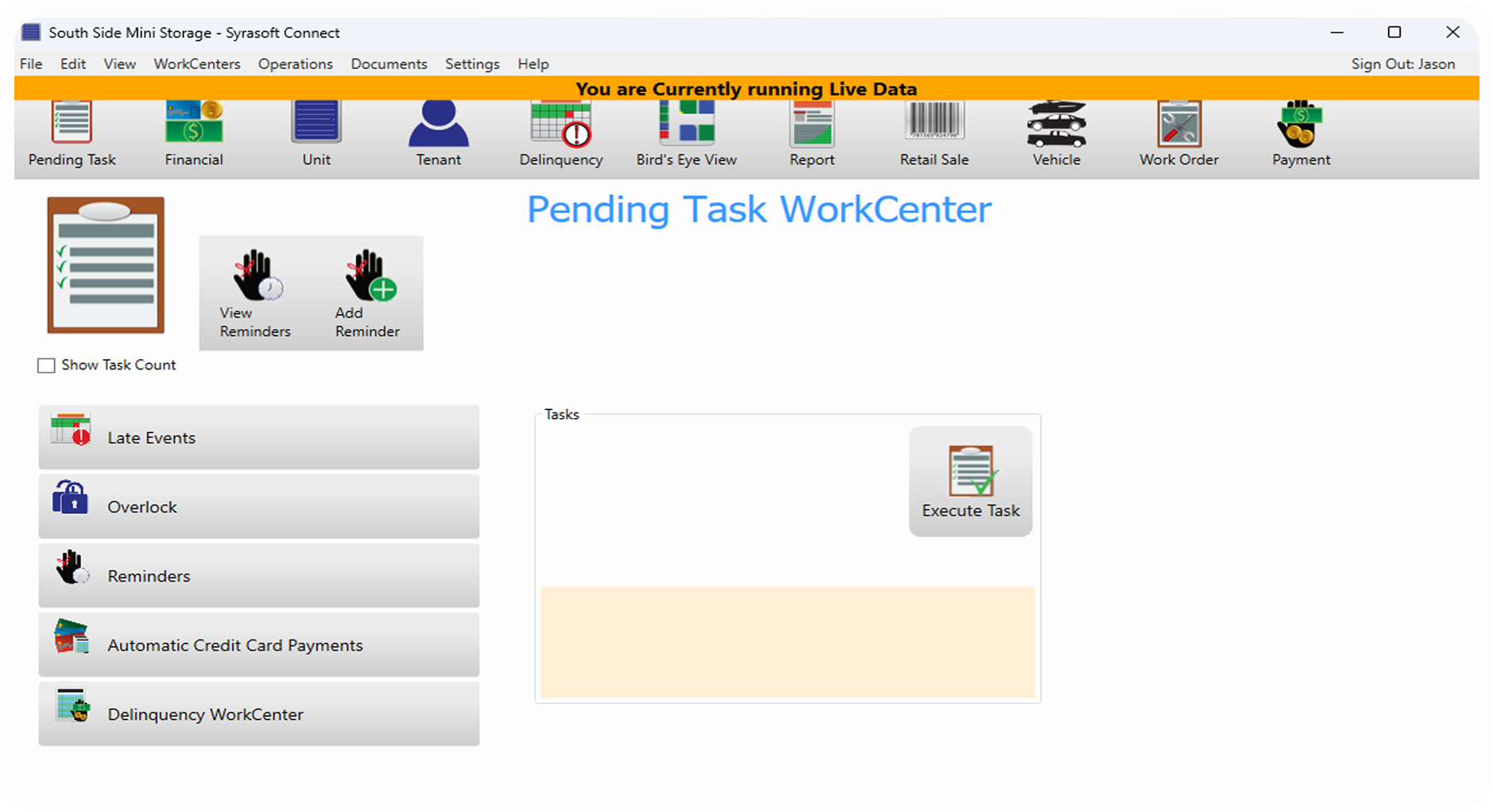 Screenshot of a software dashboard with toolbar icons, left navigation menu, and centered title 