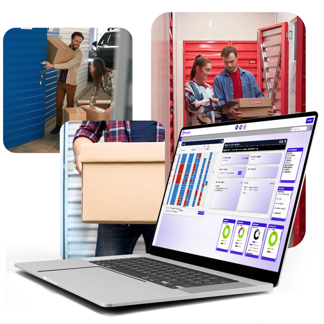 Laptop showing delivery tracking dashboard, with warehouse workers handling packages in the background.