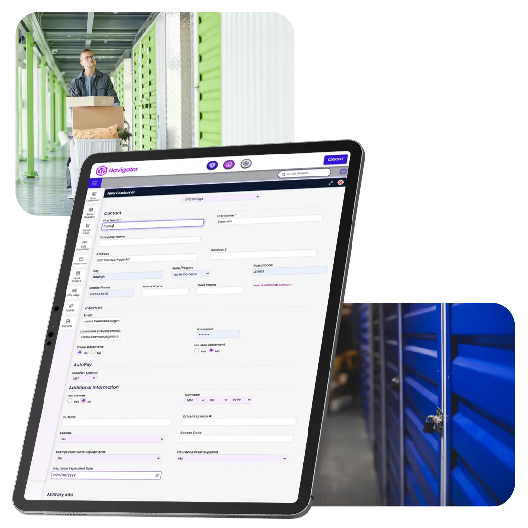 Warehouse app interface on tablet, with worker in green aisle and blue server racks in background
