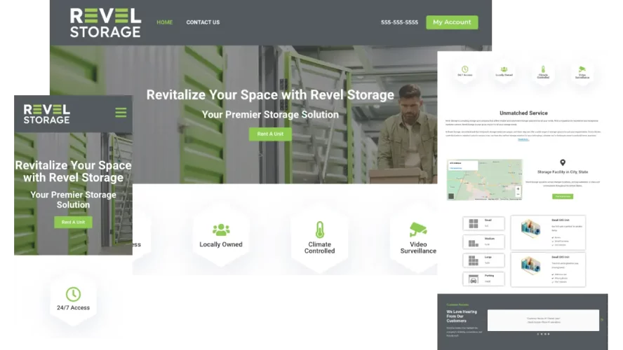 Revel Storage website homepage with dark gray banner, green accents, and storage unit pricing cards