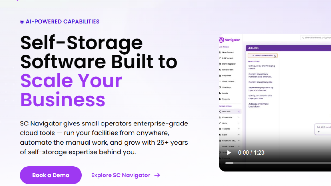 Self-storage software landing page with purple headline and laptop UI mockup