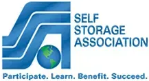 Self Storage Association logo with blue stylized storage units and globe; tagline: 