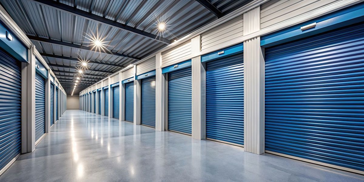 Bright storage facility hallway with blue roll-up doors and polished floor