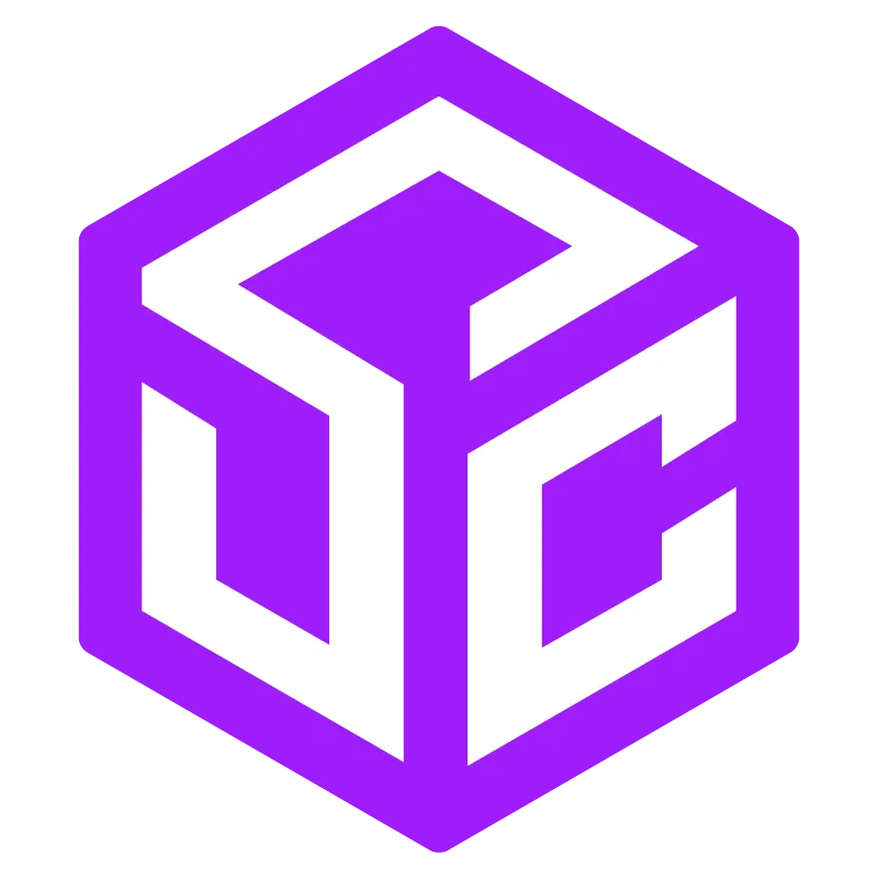 Purple geometric cube logo with white cutout lines on a light background