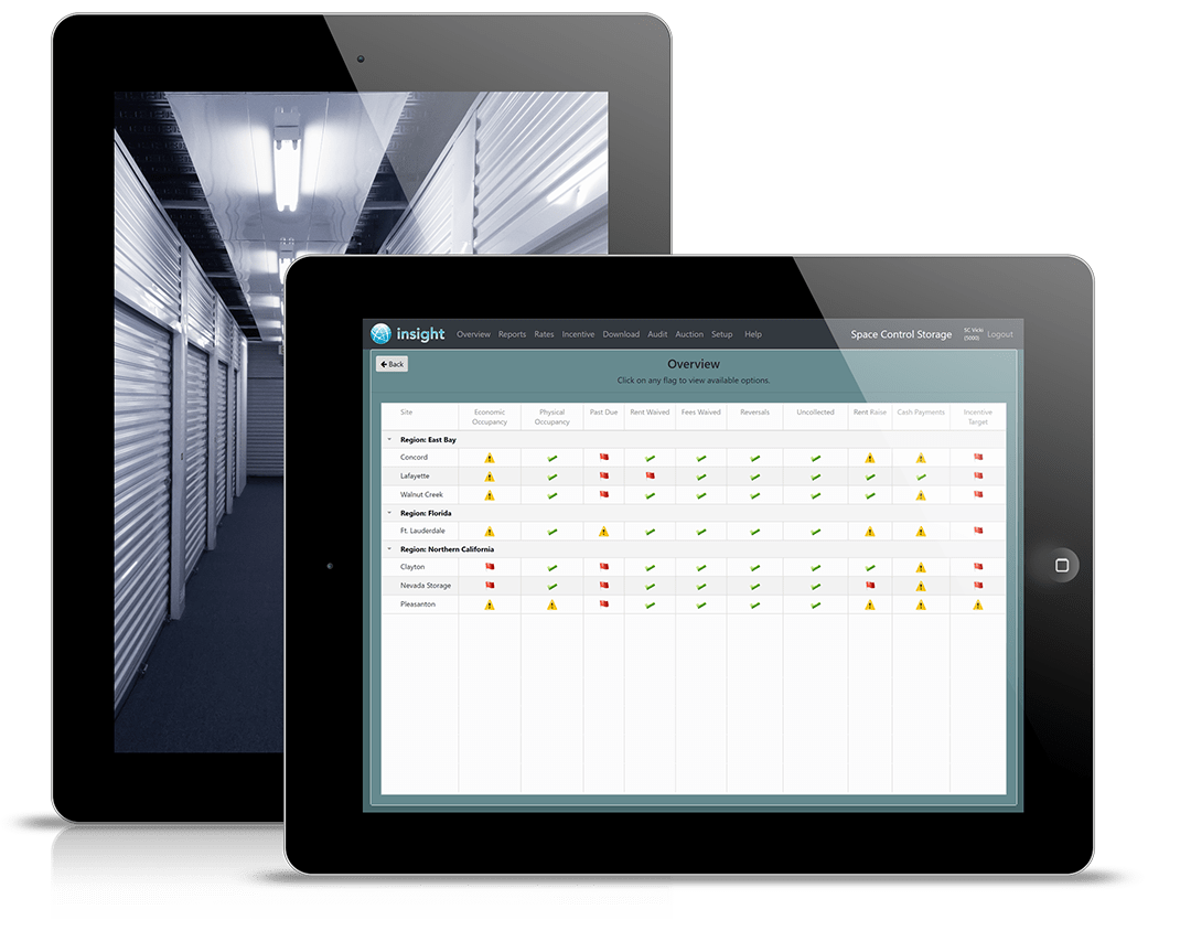 Two overlapping black tablets showing a server rack image and a data dashboard