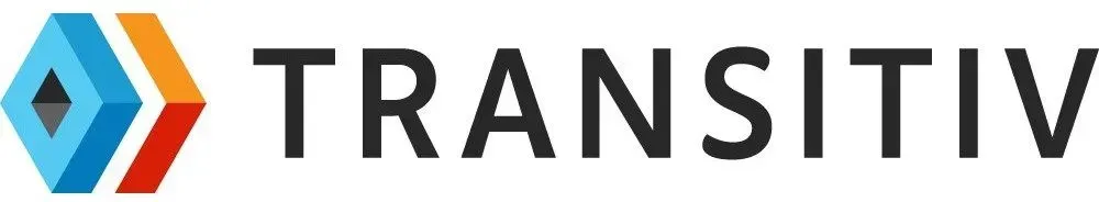 TRANSITIV logo with blue and orange hexagonal icon and black wordmark