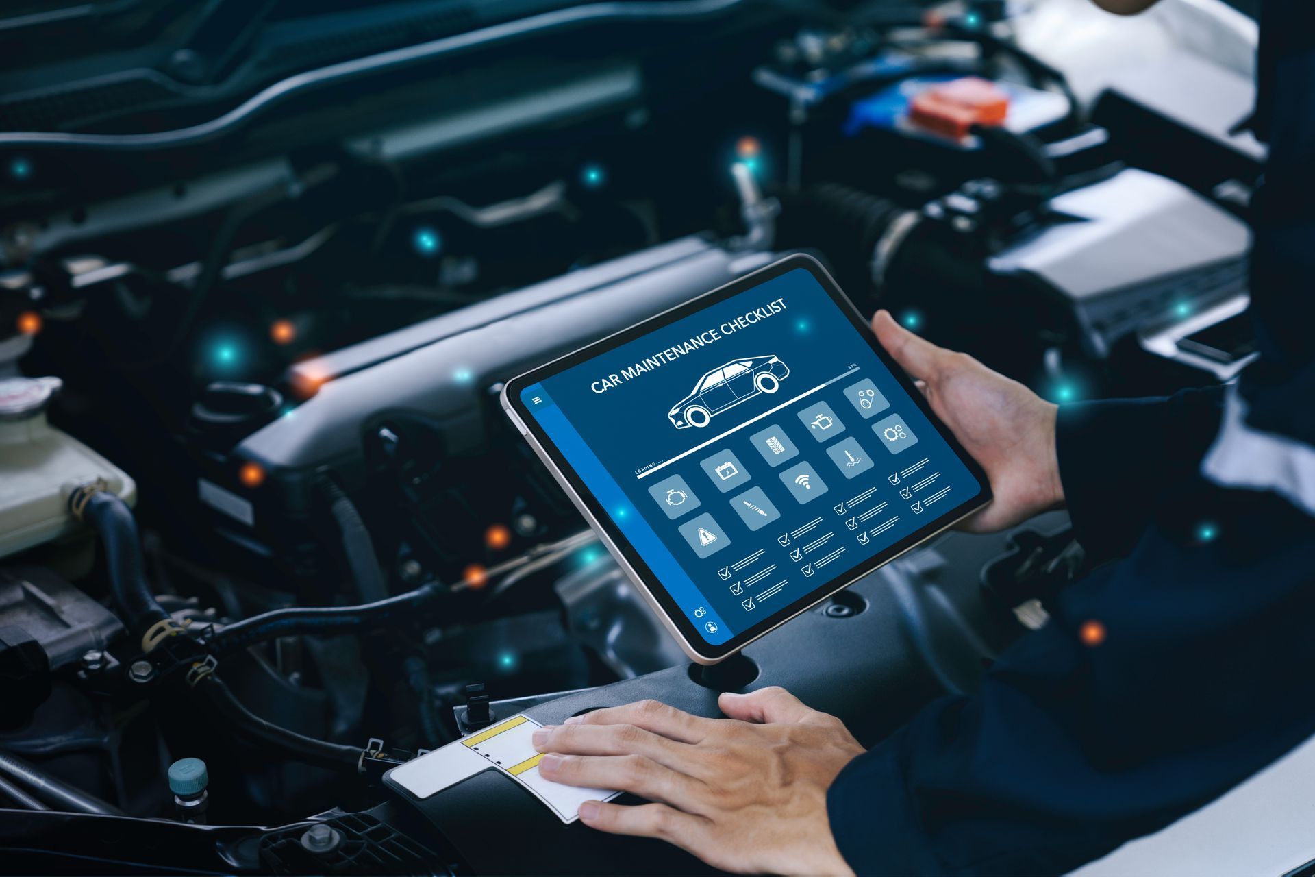 Mechanic using a tablet to diagnose a car engine, blue screen interface. | Golden Gear Automotive