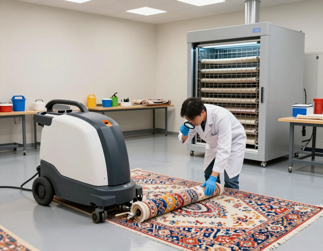 Area rug cleaning and controlled drying in a professional facility