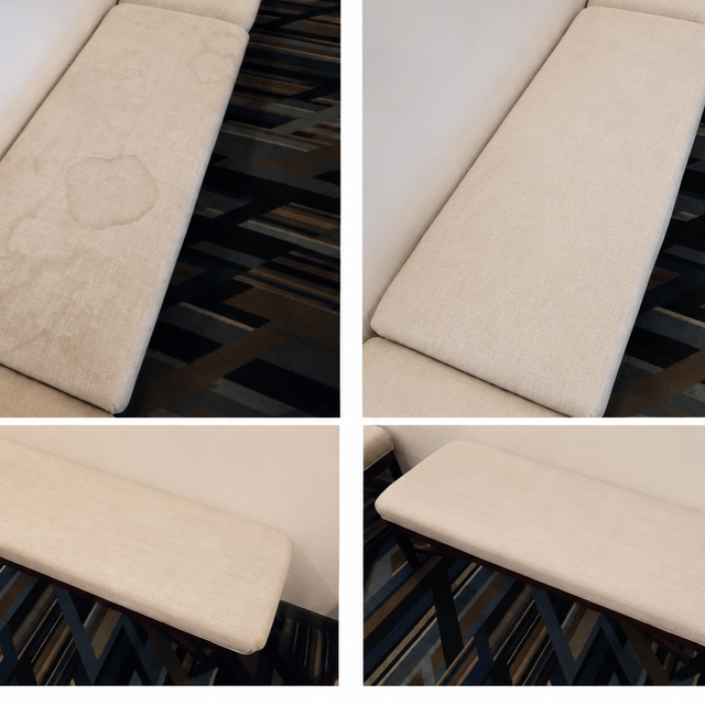 Upholstery cleaning on a sofa in a bright living room