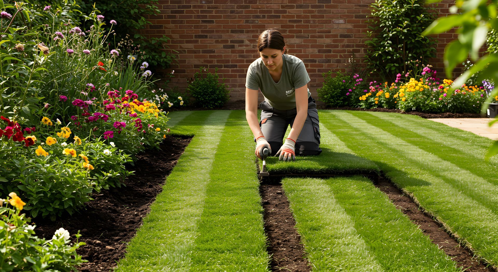 Landscape contractors installing fresh sod on striped lawn with flowers and garden bed nearby.