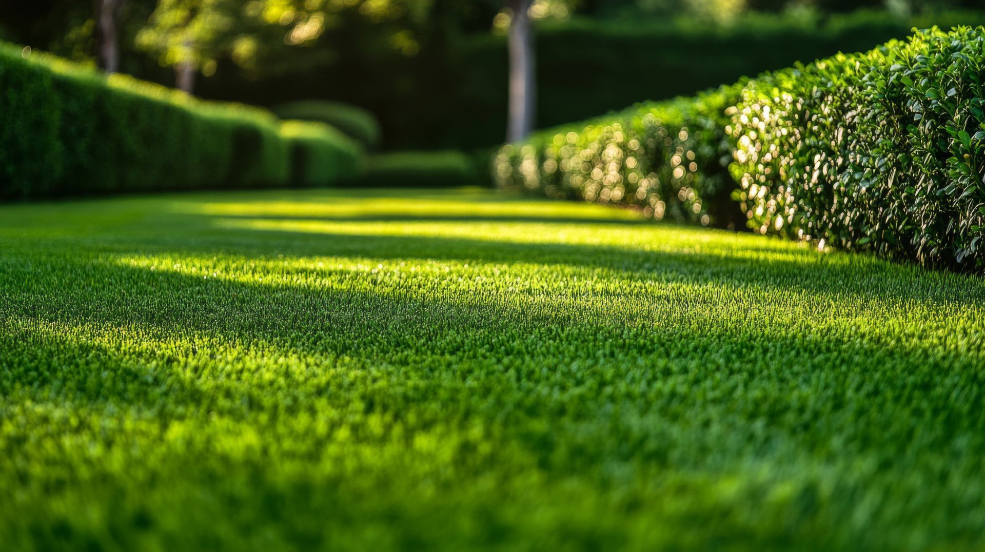 Lush green lawn and manicured hedges maintained by expert landscape contractors.