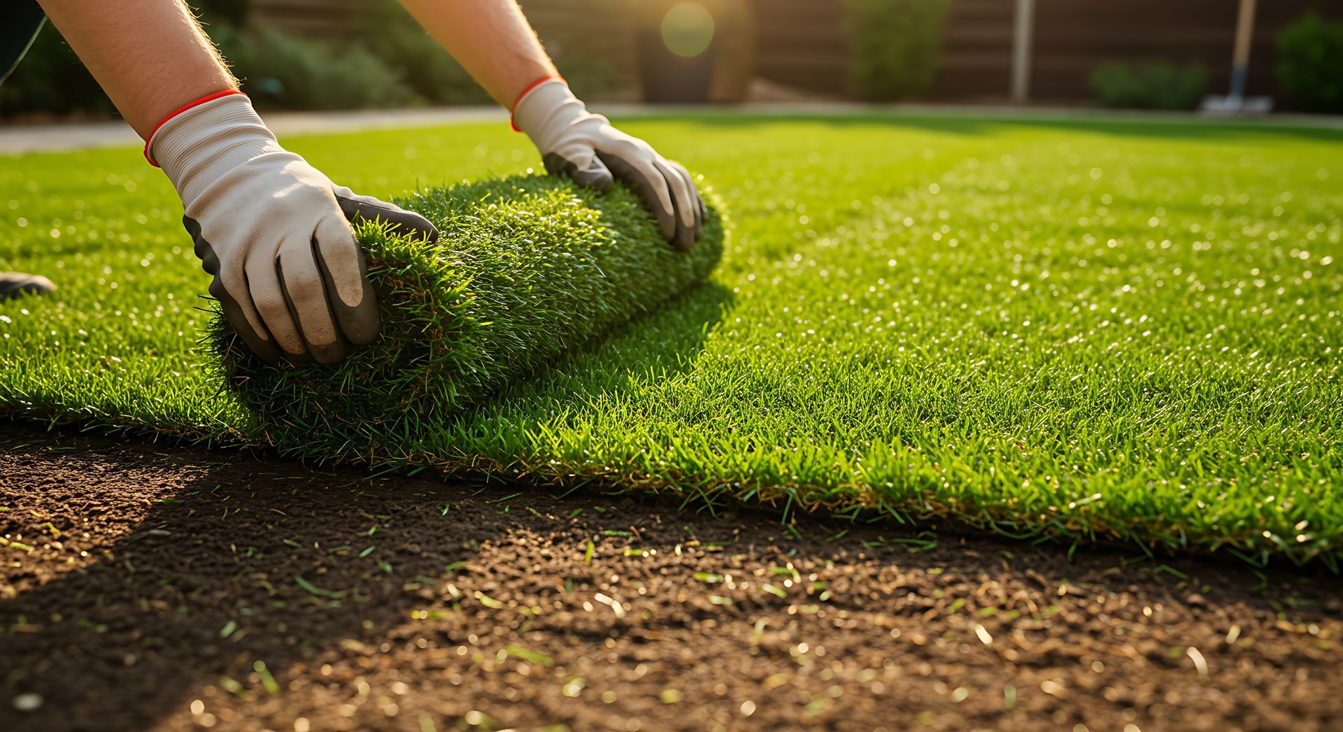 Professional landscape contractors unrolling new sod to create a lush and healthy instant lawn.