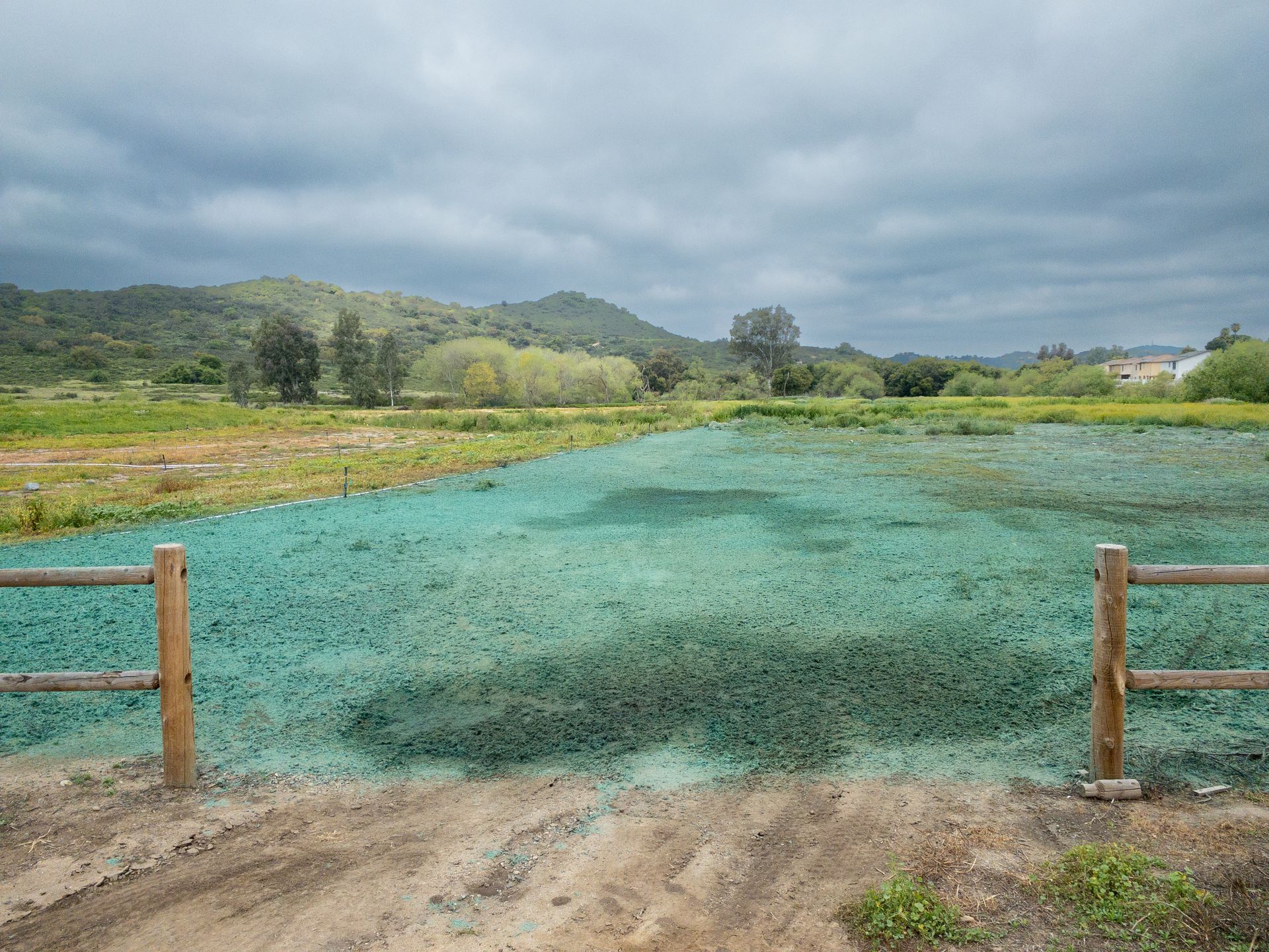 Turquoise net-covered field with gates in the foreground and green hills under cloudy sky Turquoise net-covered field with gates in the foreground and green hills under cloudy sky