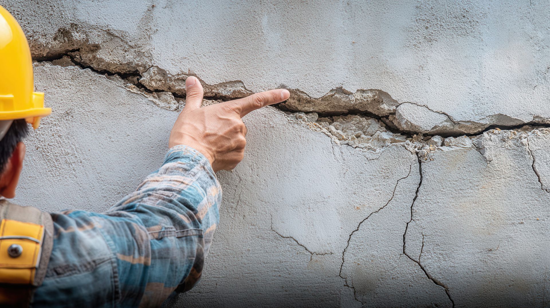 Construction worker in yellow hard hat points to a large crack in a concrete wall