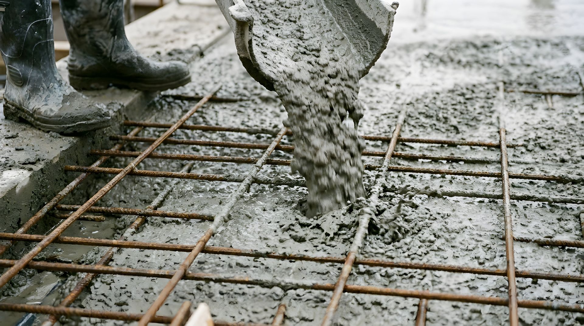 Fresh concrete poured over a steel rebar grid for foundation repair services as a worker stands by.