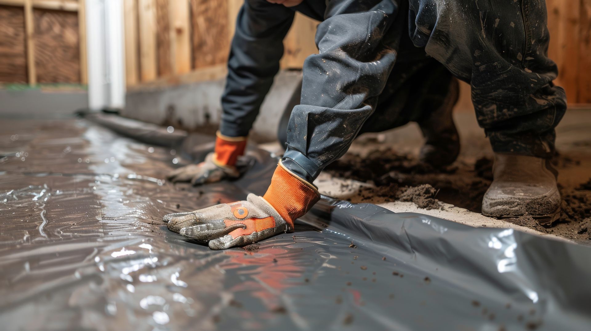 Gloved basement waterproofing contractor smoothing a gray vapor barrier over a bare basement floor.