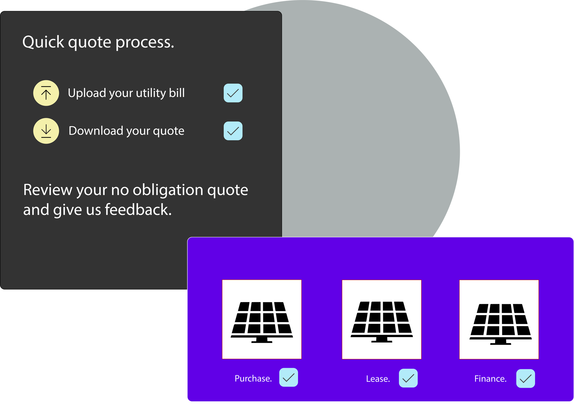 Solar quote process: Upload utility bill, download quote, review and give feedback, with solar panel options.