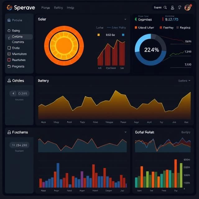 Dark themed dashboard with data visualizations: gauges, charts, and graphs displaying system statistics.