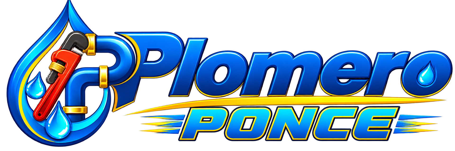 Logotipo de Plomero Ponce en azul y amarillo con una llave inglesa dentro de una gota de agua.