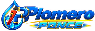 Logotipo de Plomero Ponce en azul y amarillo con una llave inglesa dentro de una gota de agua.