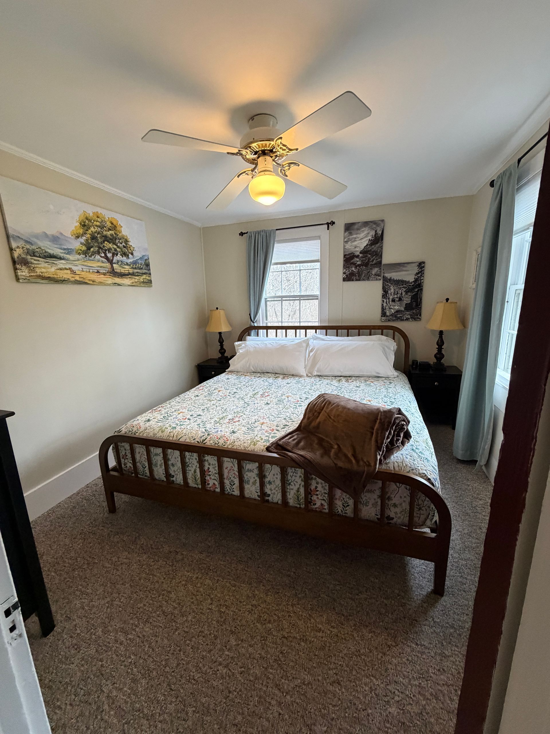 Small bedroom with a bed, ceiling fan light, lamp, window, and framed wall art.