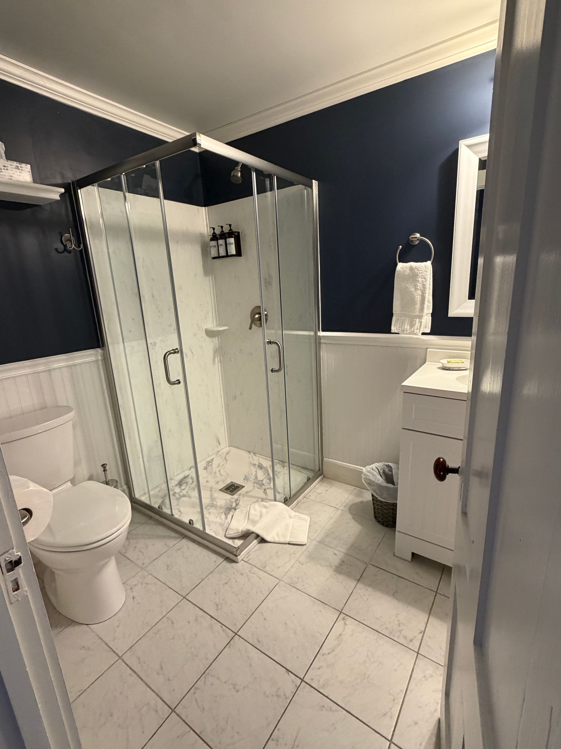 Modern bathroom with glass shower, toilet, sink, and dark blue walls.