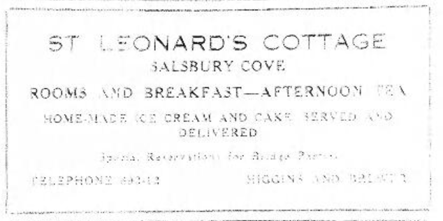 Old advertisement for St Leonards Cottage, Salisbury Cove, rooms, breakfast, afternoon tea, and home-baked cake