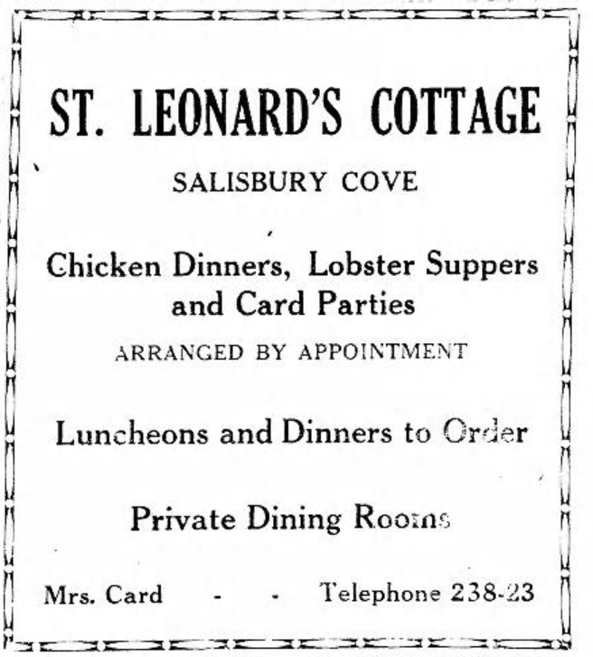 St. Leonard’s Cottage sign for Salisbury Cove, listing chicken dinners, lobster suppers, card parties, and private dining rooms