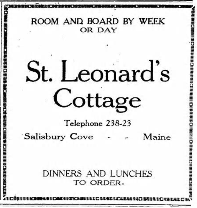 Black-and-white ad for St. Leonard’s Cottage, Salisbury Cove, Maine, with room and board and meal info.