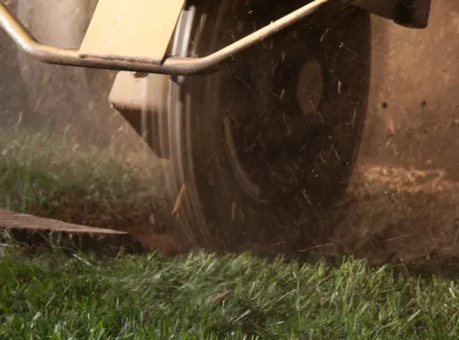 A close up of a tractor cutting grass in a field